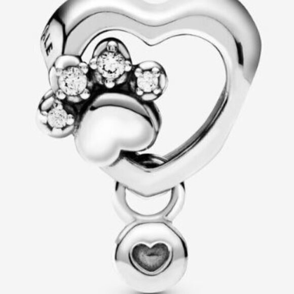 Sterling Silver Sparkling Paw Print & Heart Charm Fits Original Bracelet - Picture 3 of 4